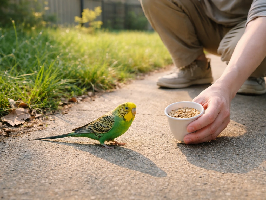 A green parakeet stays near a low seed cup held outdoors while a person prepares to contain it safely.