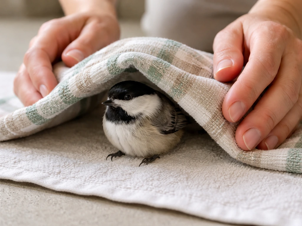 Small bird gently guided into a safe hold using a folded towel on a clean indoor floor.