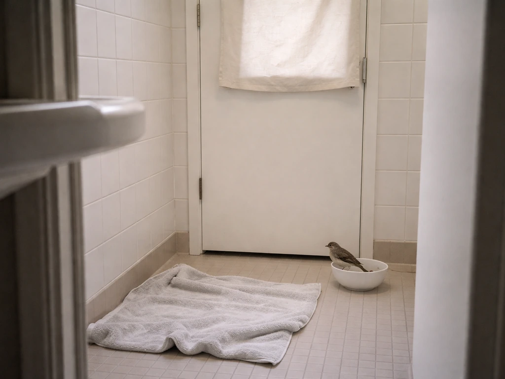 A quiet bathroom setup with a loosely contained room and a bird calmly perched on the floor.