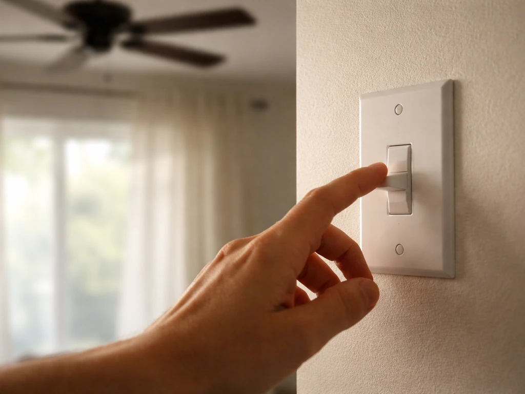 Hand turns off a wall light and curtains as a ceiling fan stays off; bird out of focus in background.