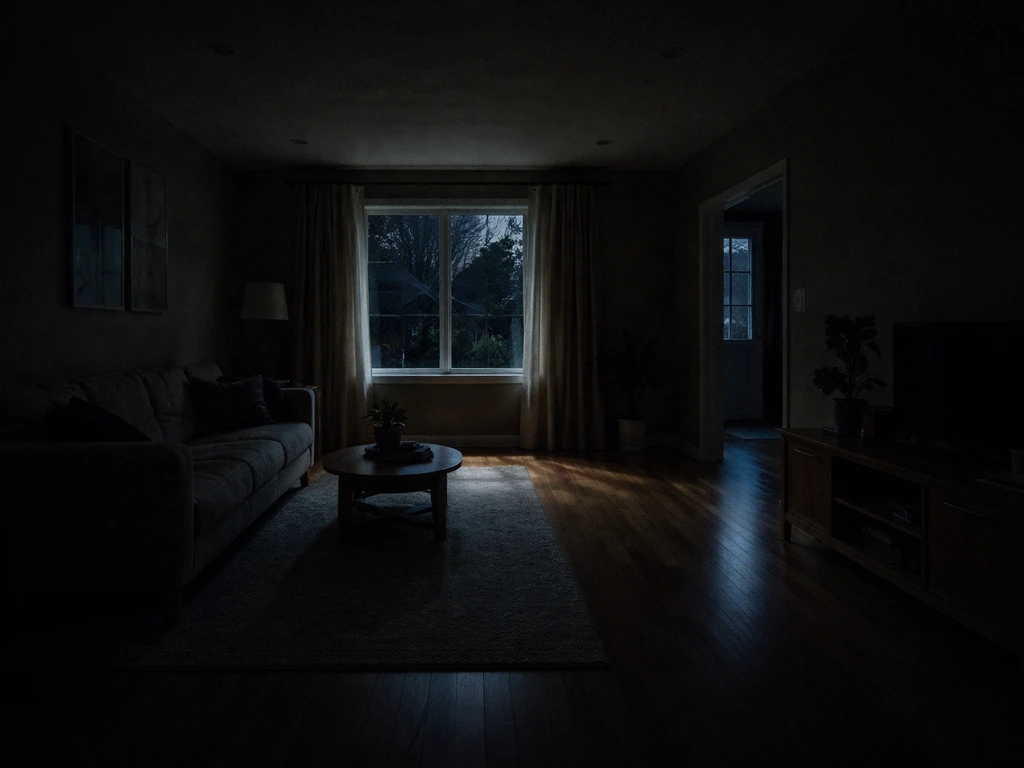 Empty open living room with dark interior and one bright window guiding a bird’s escape path.