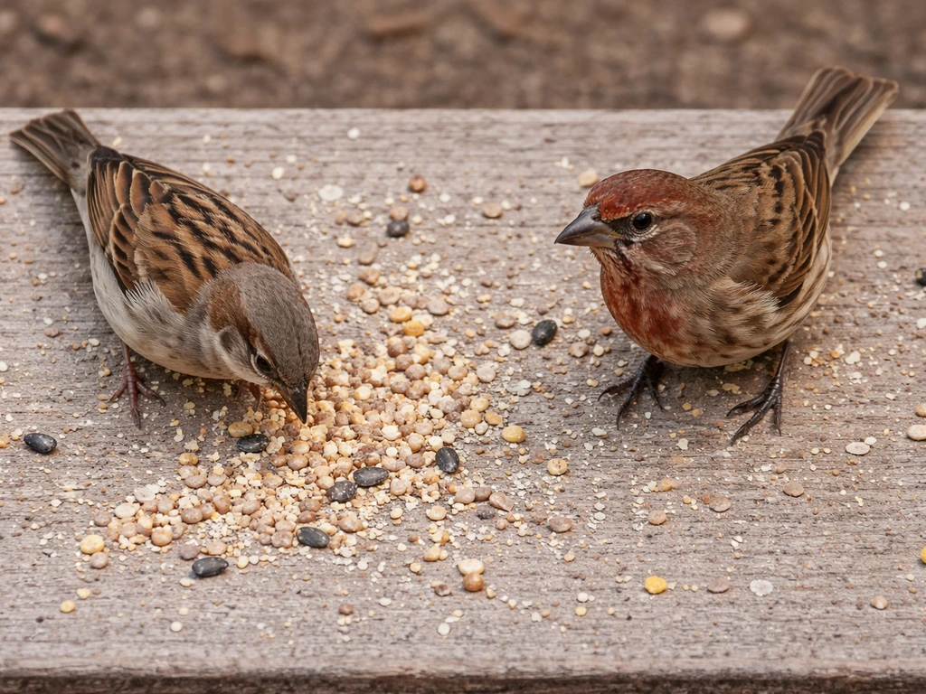 Top-down view of two small brown birds at scattered seed, showing beak and feather differences.