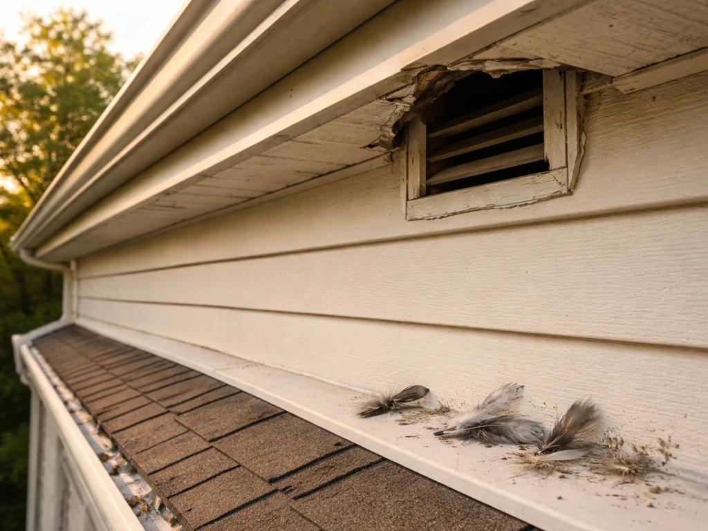 Walkaround of a home roofline with small gaps near soffit and visible feathers/droppings indicating bird entry.