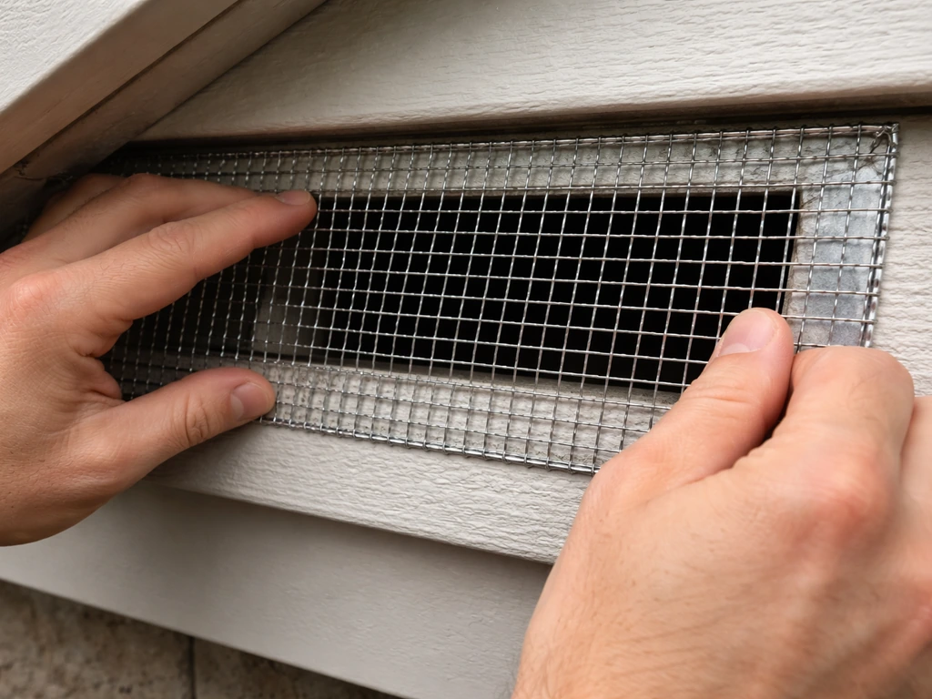 Hand securing half-inch galvanized hardware cloth over an attic/soffit vent with sealed edges visible.