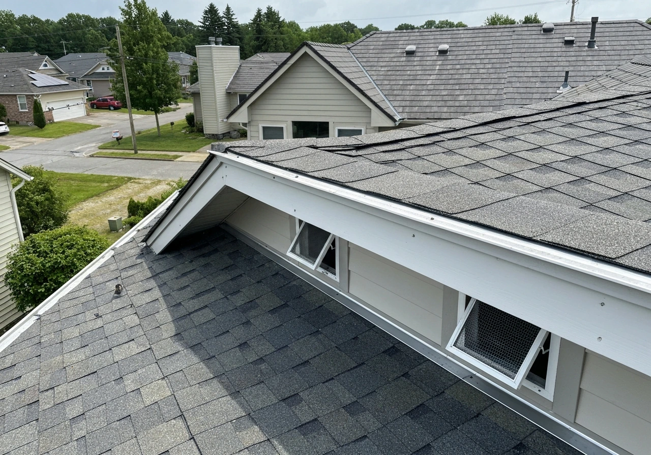 High-angle view of a house roofline highlighting soffits, ridge, and subtle vent/gap entry points for birds