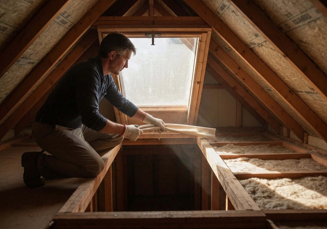 Homeowner kneeling in an attic beside an open hatch, using a humane guide to help birds exit safely.