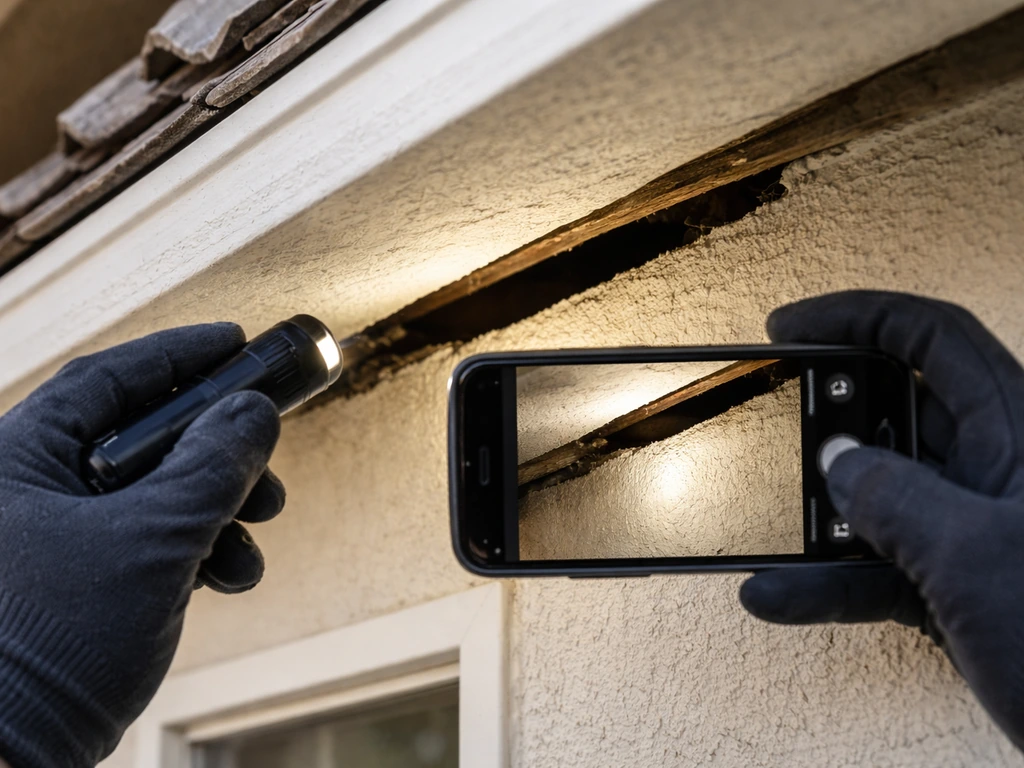 Person using a flashlight and smartphone to inspect roof soffit and fascia gaps near the roof deck junction.