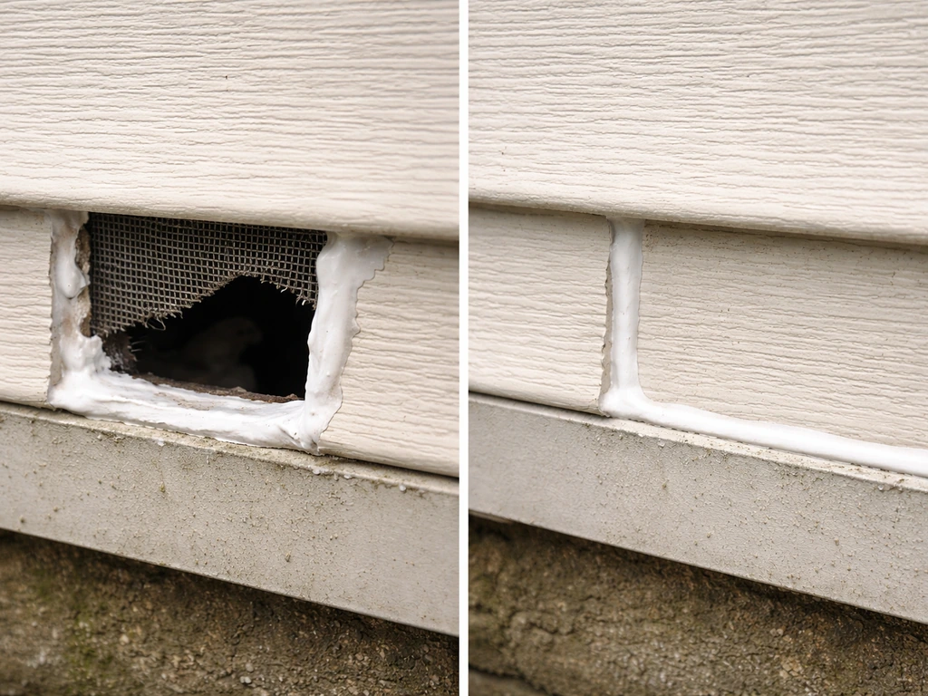 Close-up of two adjacent sealed wall gaps: one sealed too soon with a visible opening still present.