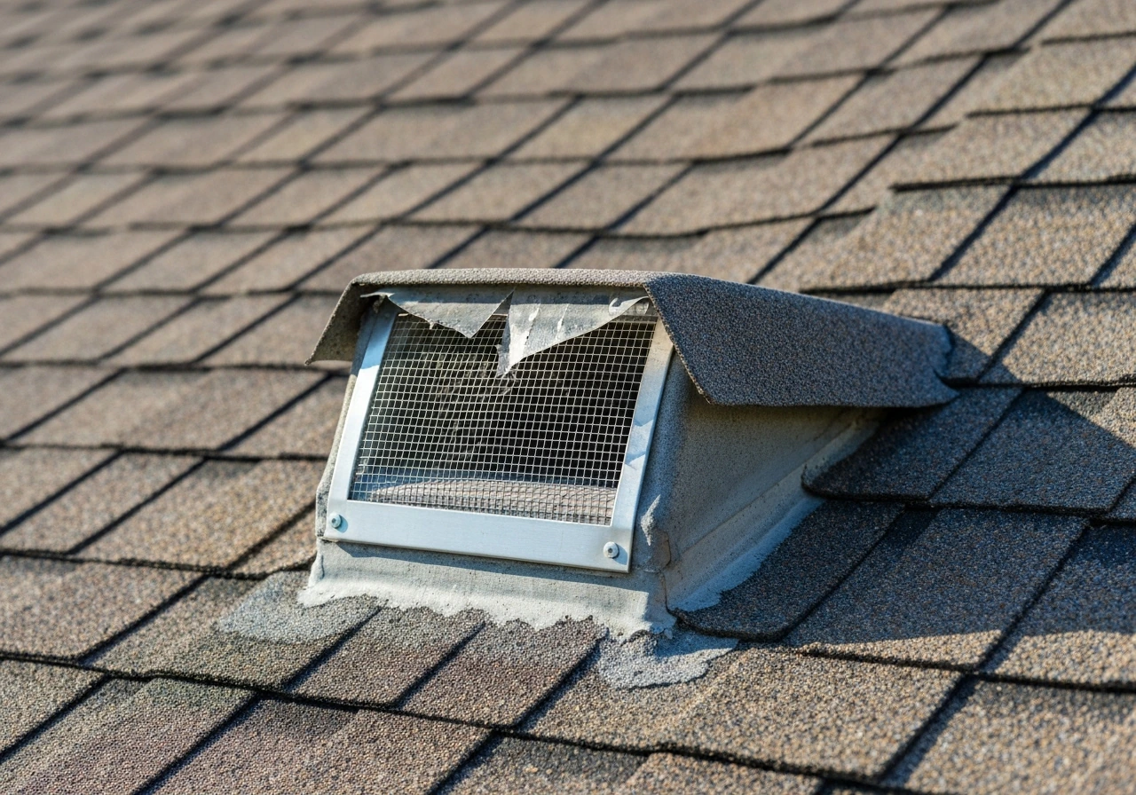 Close-up of a roof vent with a metal bird-exclusion guard replacing a damaged plastic cover.