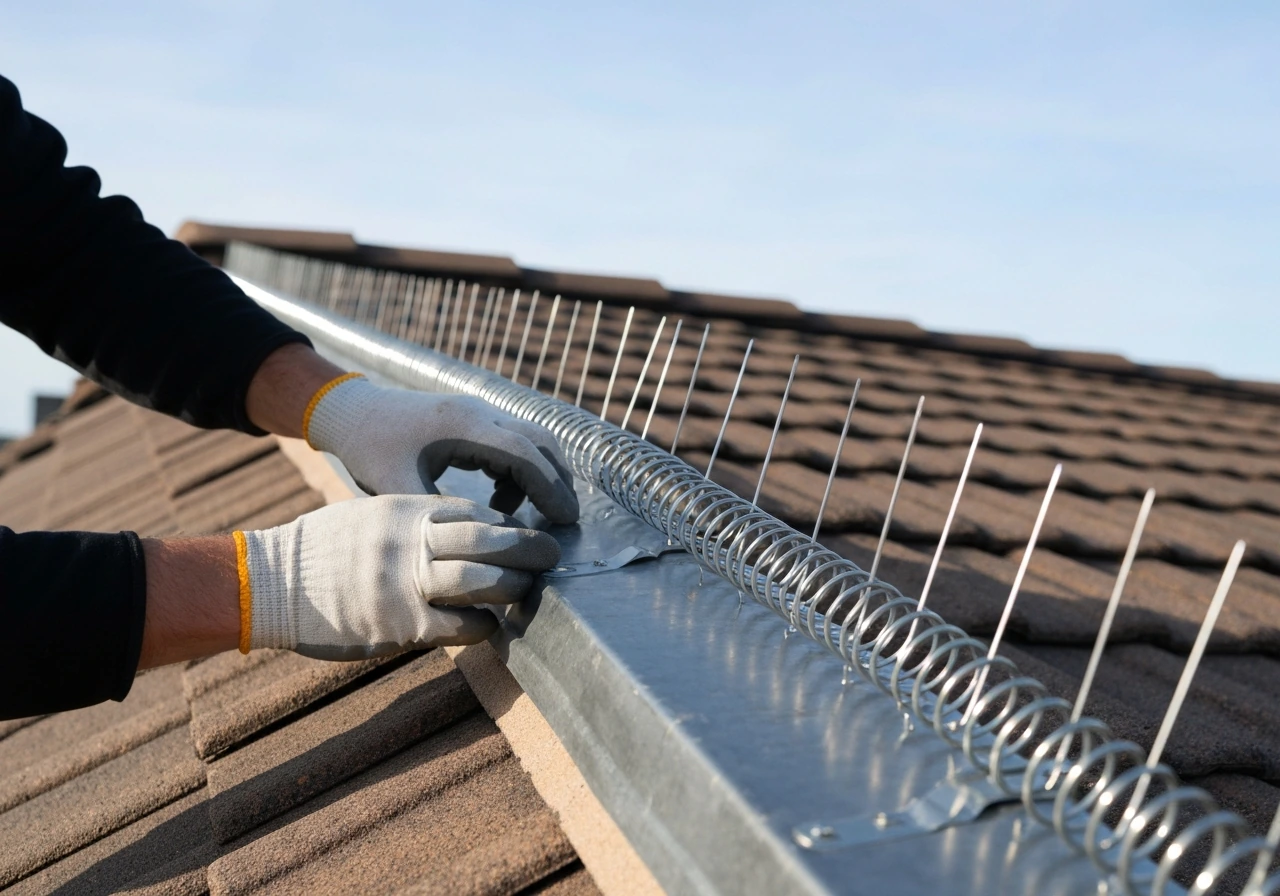 Close-up of a rooftop ridge cap where bird spikes are being installed, overlapping coverage visible.