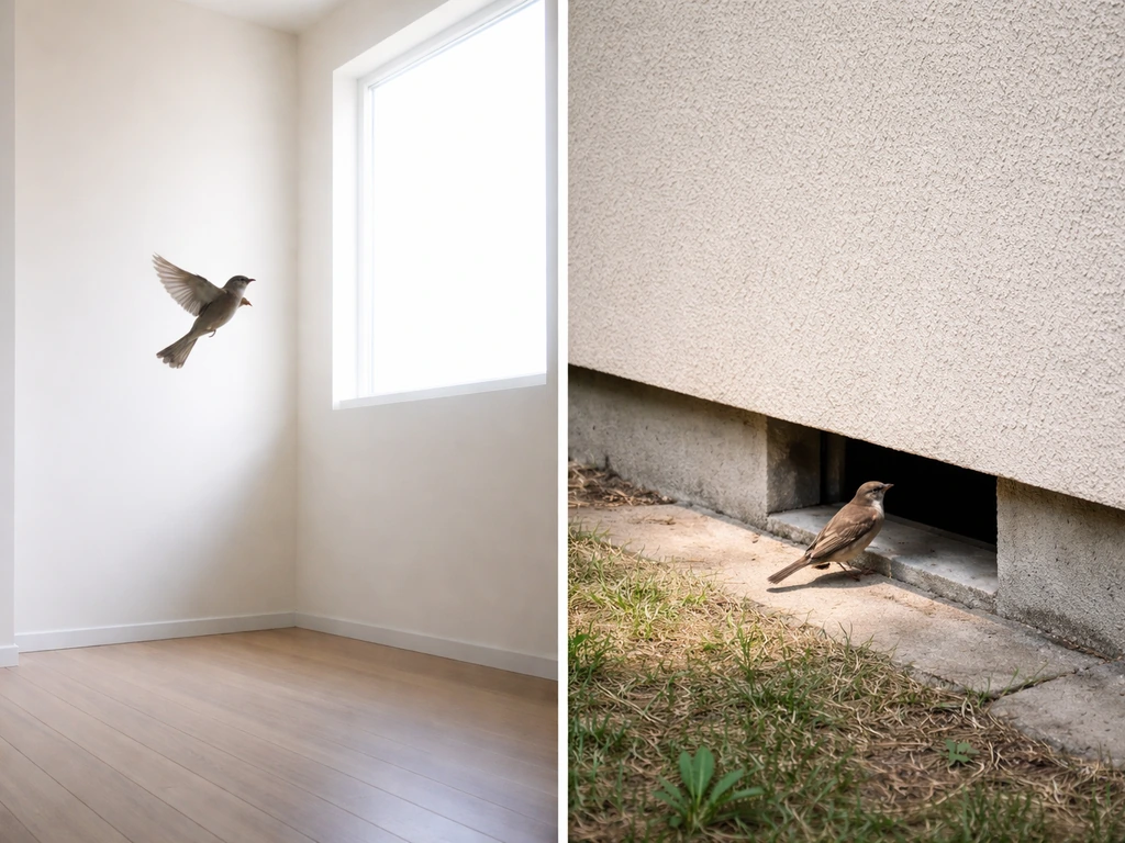 Minimal photo showing a small bird near a bright window and, beside it, a dark exterior gap to enter or exit