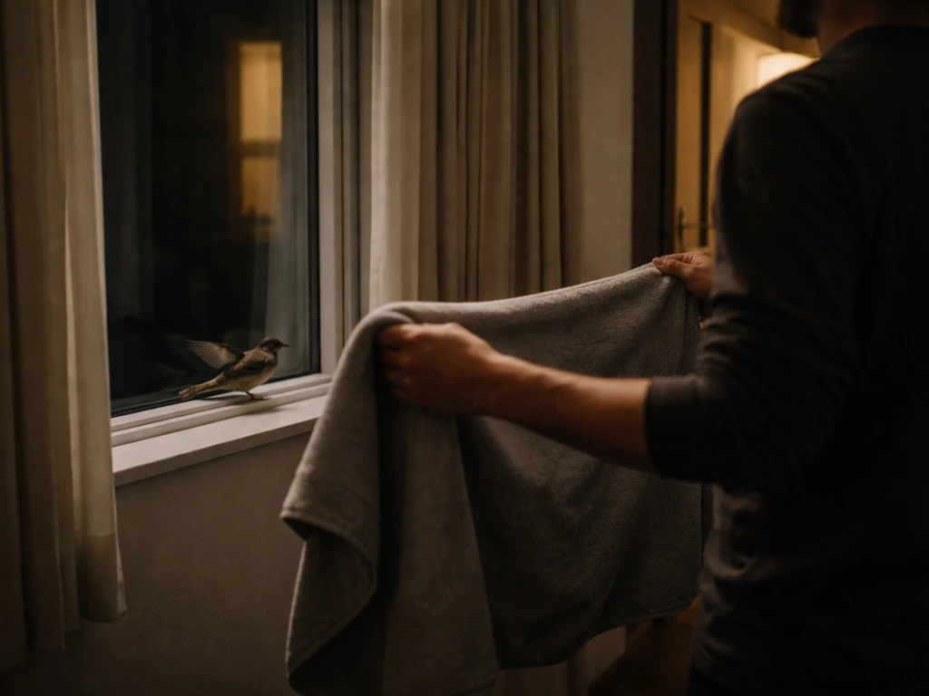 Anonymous handler holding a towel by a dark window while a trapped bird is near the sill.