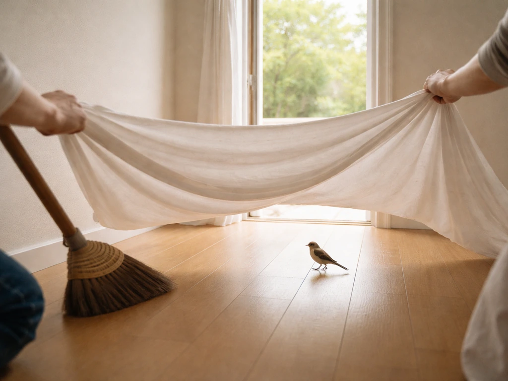 Two hands gently herd a small pet bird using a soft broom toward an open doorway.