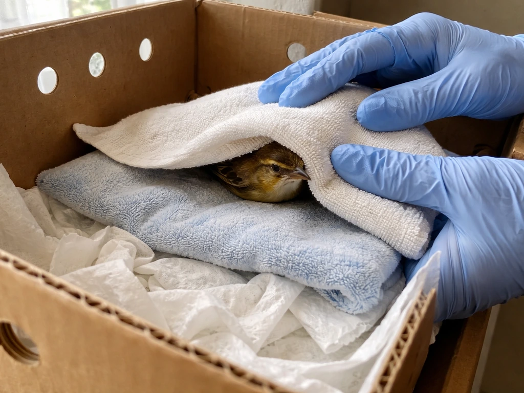 Gloved hands covering a small injured bird inside a ventilated cardboard box lined with cloth.