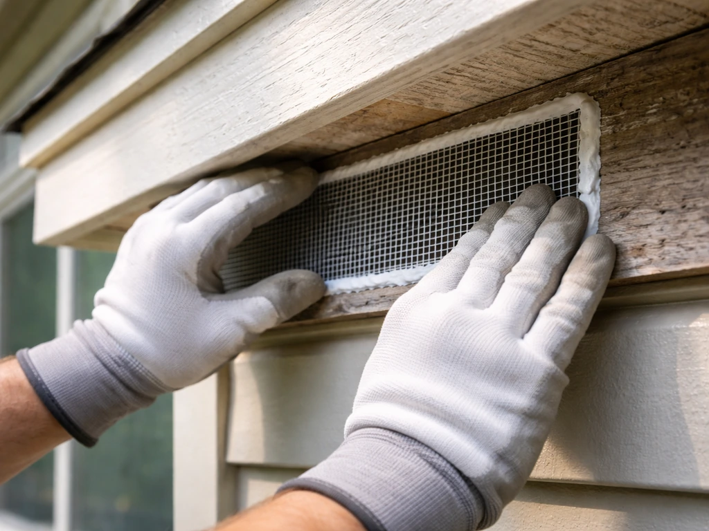 A gloved homeowner sealing an attic vent opening with mesh, with a nearby closed window and screen for bird prevention