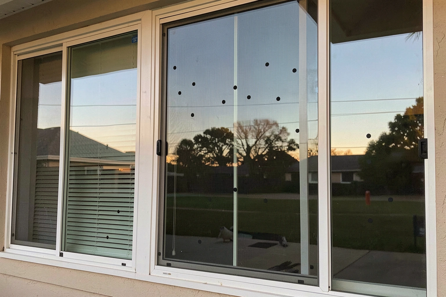 Suburban house windows showing layered bird deterrents like exterior dots/film and a mesh screen.