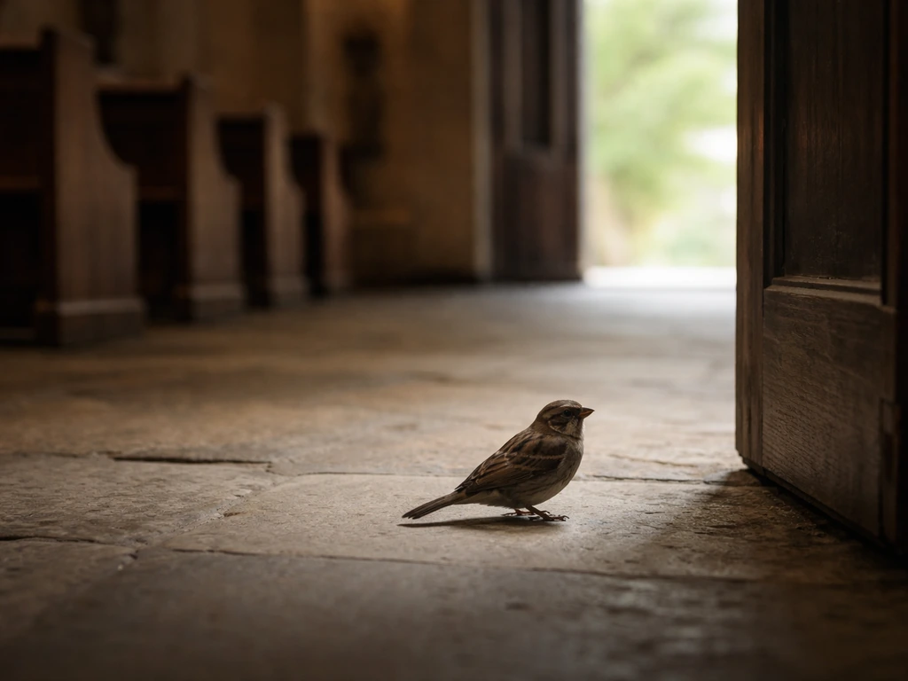 A small bird calmly near an open church doorway while warm sanctuary light dims behind it.