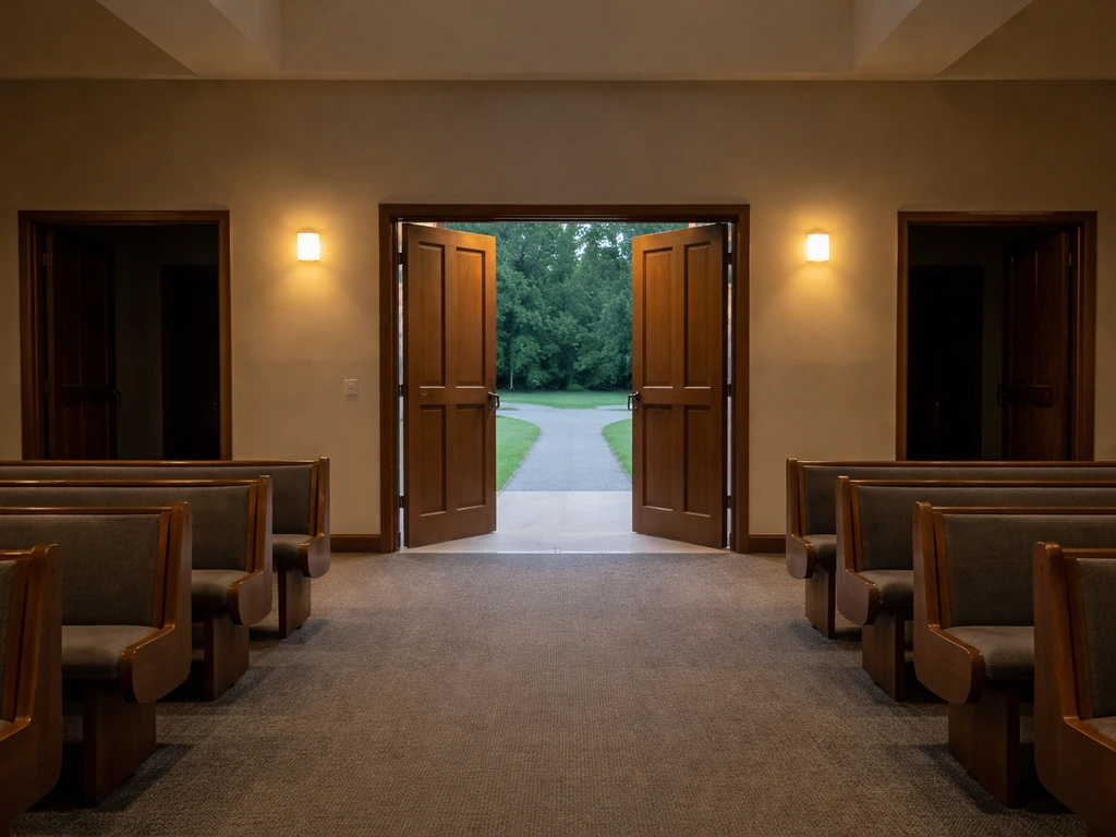 A church door opened to the outside with lights on inside while other entrances are shut to calm a bird.
