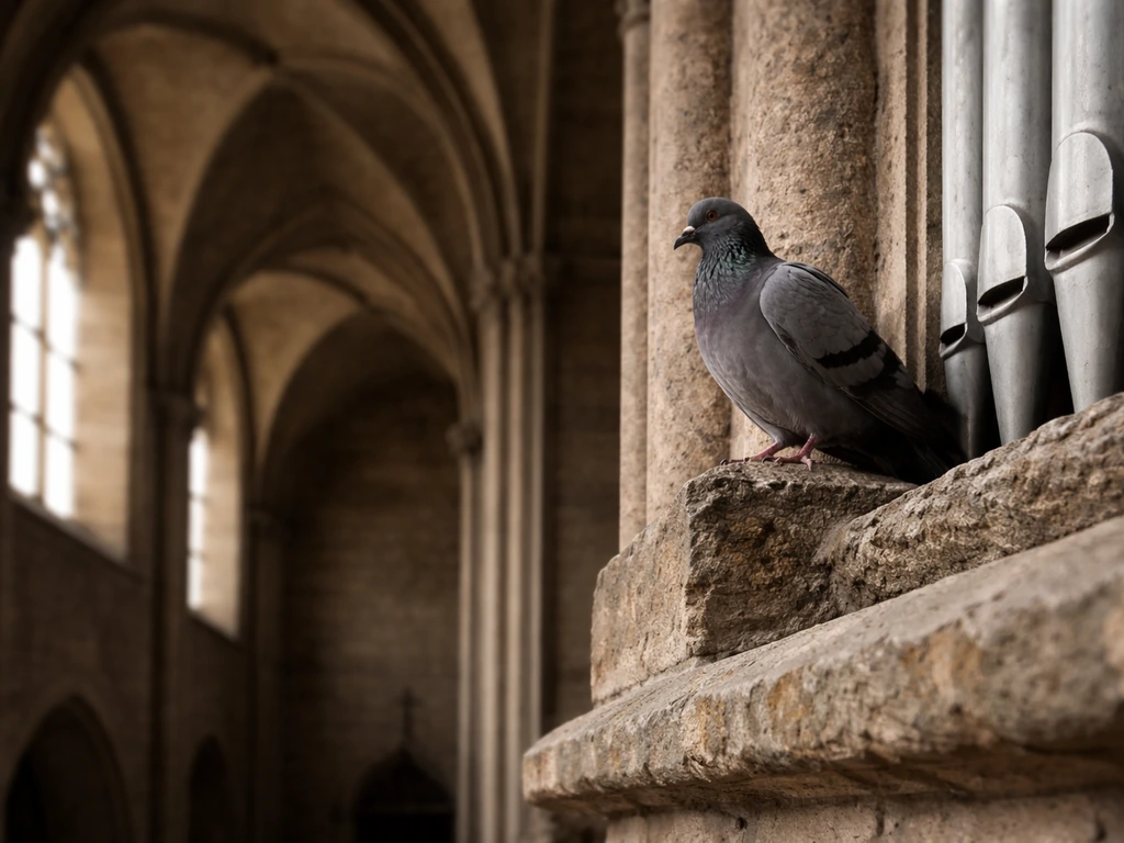 Gray pigeon perched high near organ pipes inside an old church, seen from close range.