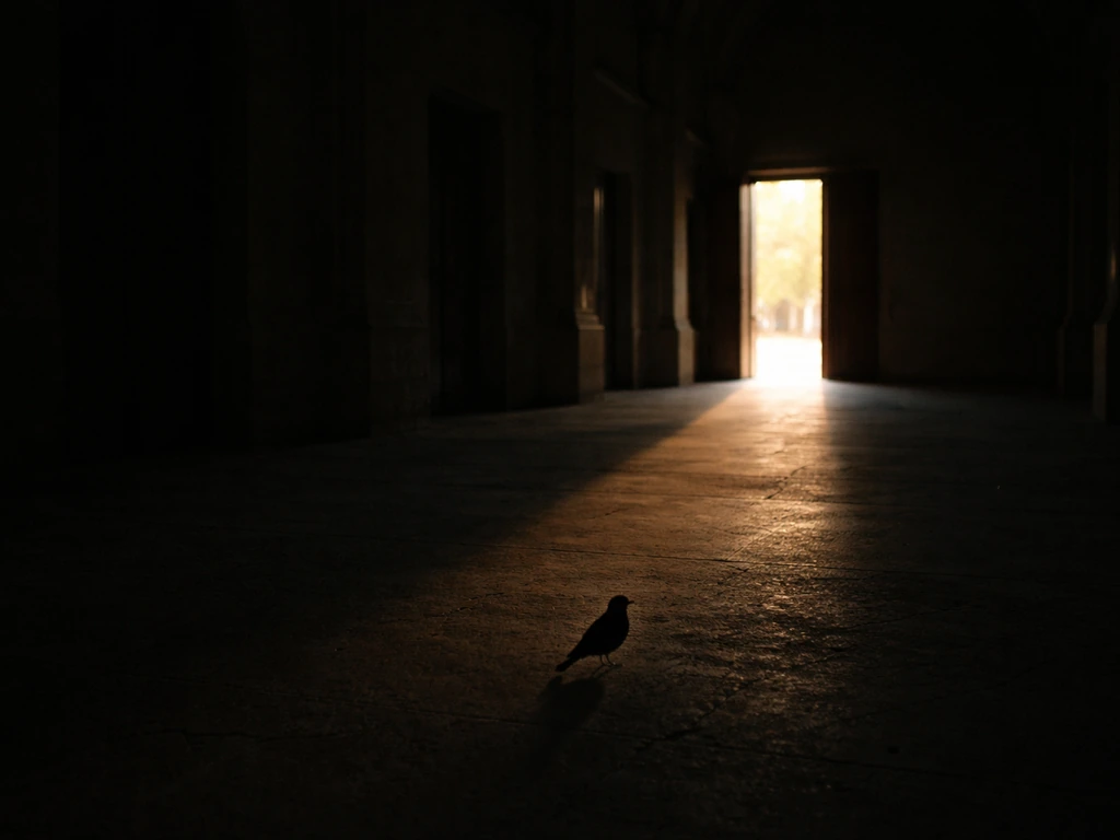 Dim room with one open door glowing, guiding a bird to fly outward.