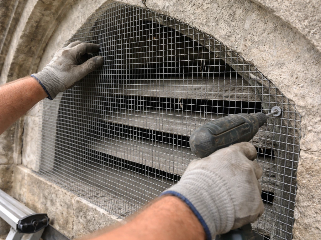 Worker installing heavy-gauge wire mesh behind bell tower ventilation louvers to stop birds entering.
