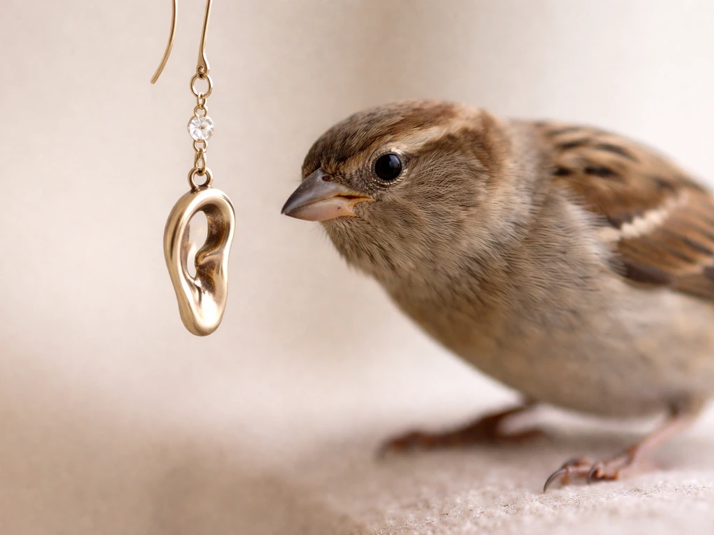 Close-up of a small bird hovering near a dangling earring, attracted by the dangling shape.