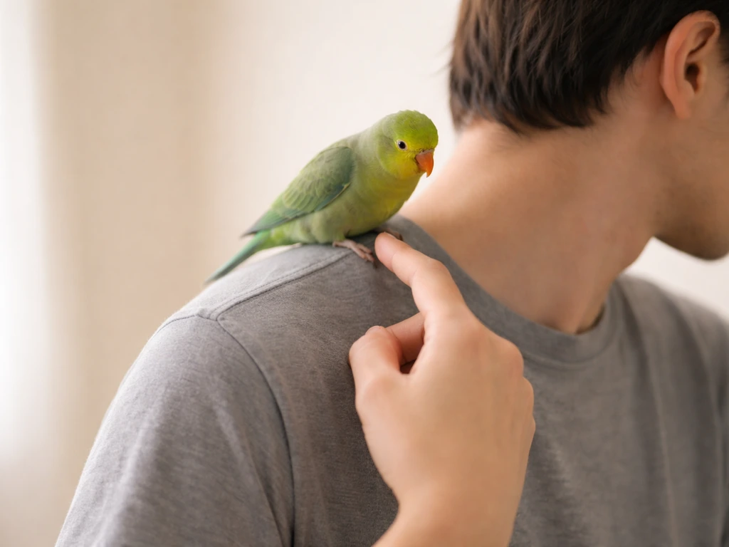 Person gently guides a small pet bird away from their ear using a finger perch in a calm room.