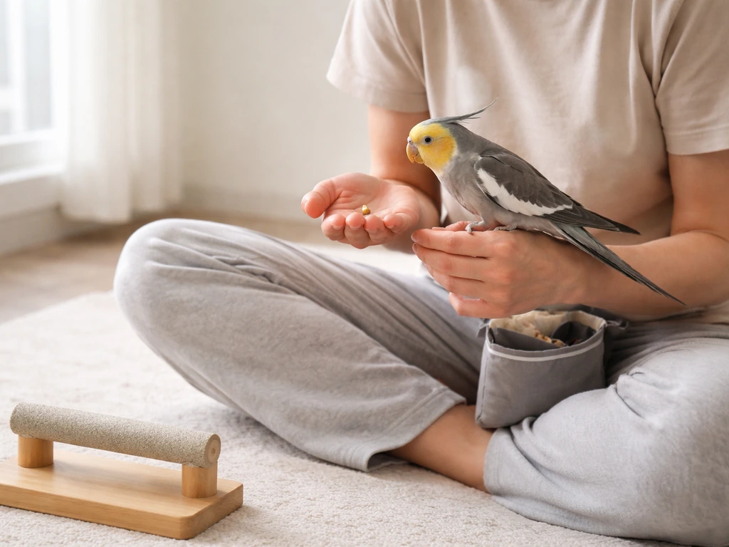 Person seated on neutral ground holding a small bird near a treat pouch during a short training session