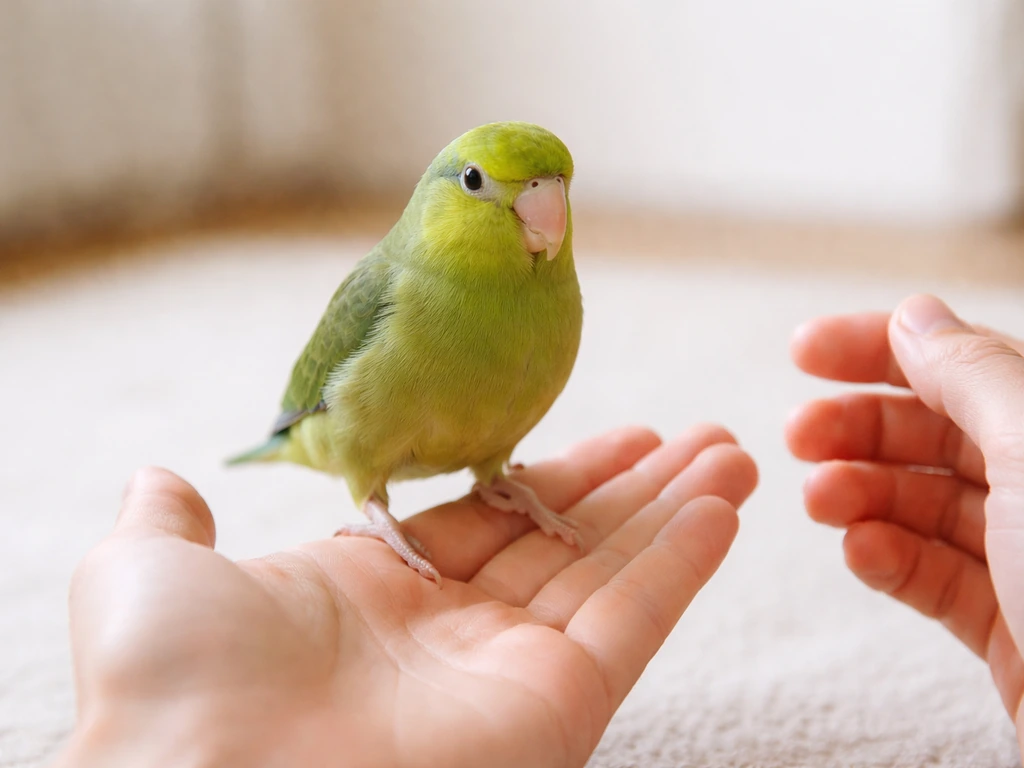 Green parrot stepping onto a handler’s open palm during short neutral-ground practice.