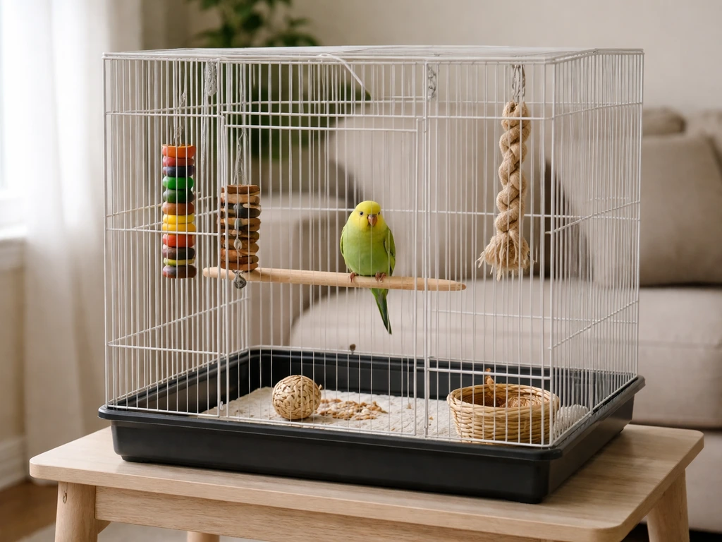 Small pet bird in a chest-height cage with rotated foraging toys and perches in a calm room