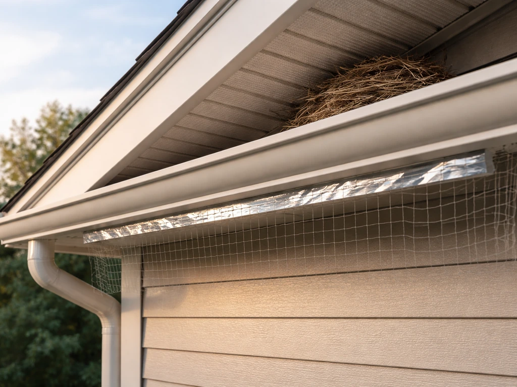 Home eaves with humane bird-deterrence netting and reflective tape prepared near an undisturbed nest area.