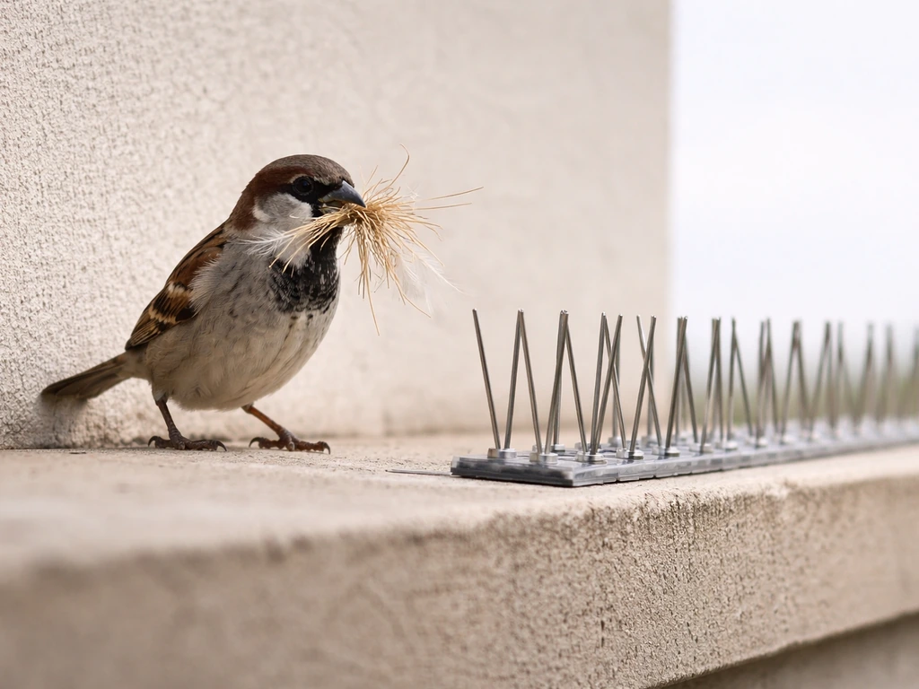 Small bird gathering nesting material on a quiet ledge with a subtle nearby deterrent