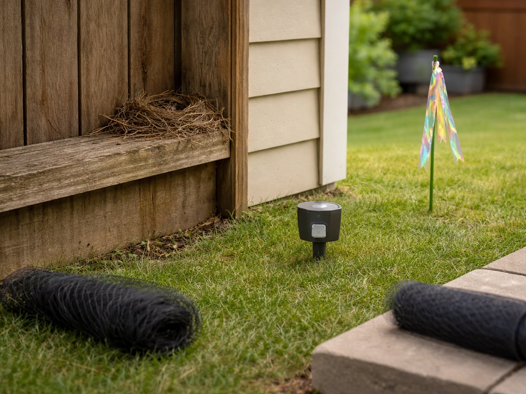 Bird roosting nest area with safe deterrent items placed nearby, not touching the nest.
