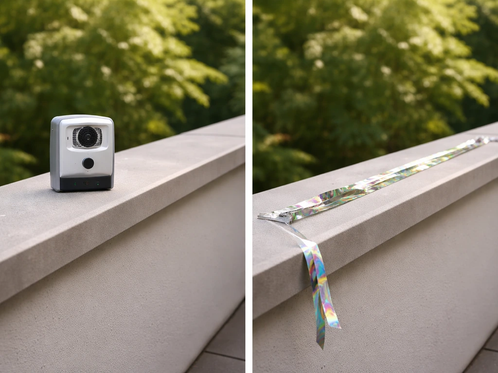 Before/after side-by-side setup showing bird deterrents near a landing spot changing from sound to flash tape