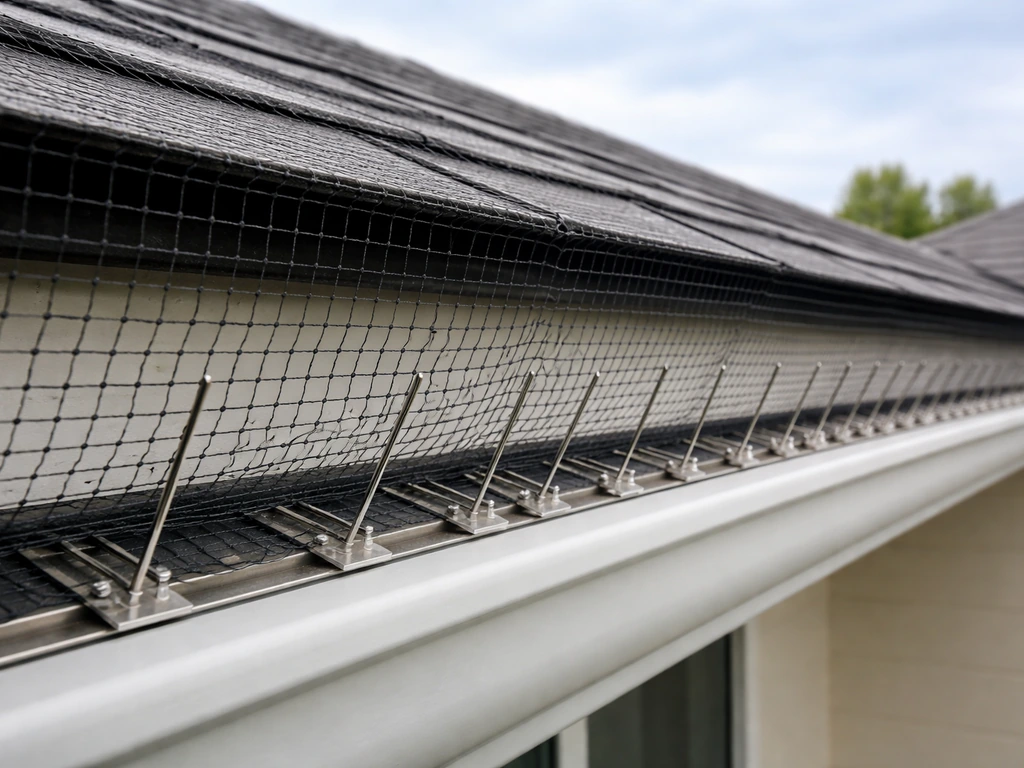 Bird netting and stainless bird spikes neatly installed along a roof eave with no gaps