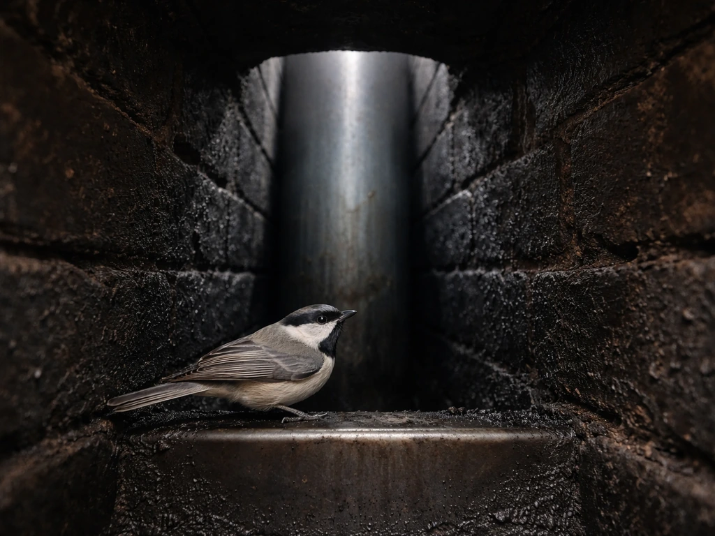 A small wild bird resting inside a dim chimney flue as a homeowner prepares to respond safely.
