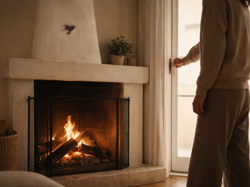 Calm person near a fireplace preparing ventilation as a small bird flaps in the chimney area