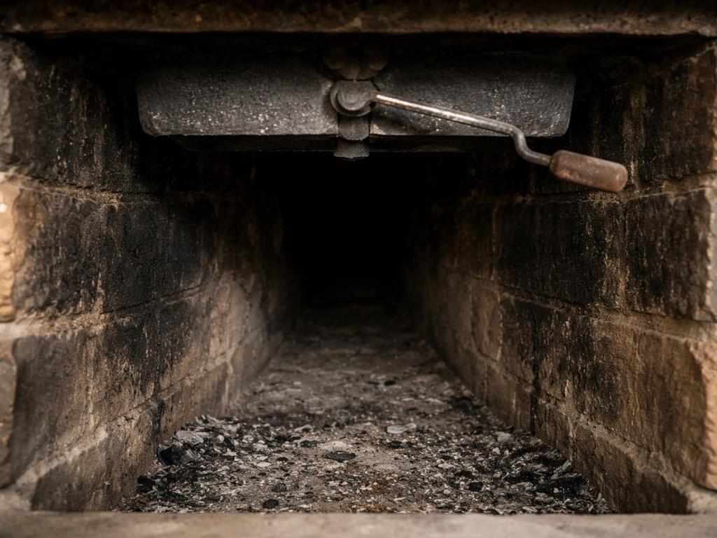 Close view of an open fireplace flue damper area, soot-stained brick leading into the flue.