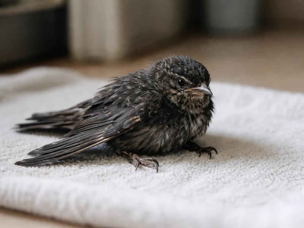 Soot-covered injured wild bird resting on a towel with a drooping wing, not attempting to fly.
