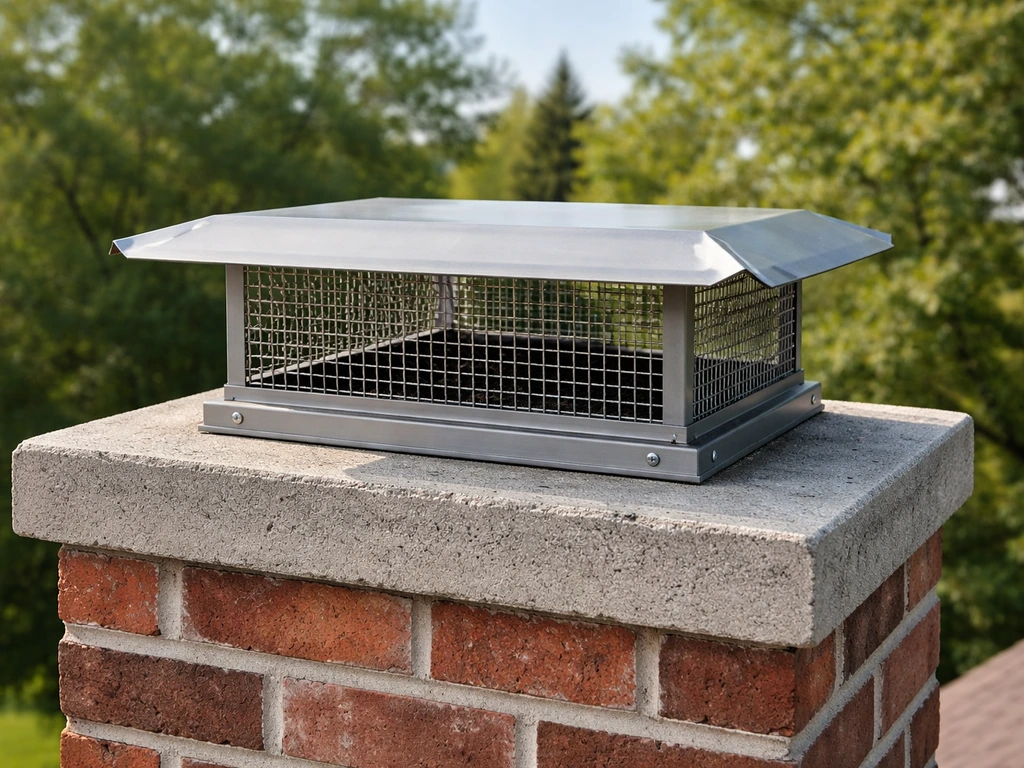 Chimney top with an intact metal cap and protective mesh over the flue opening.