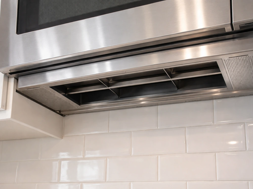 Close-up of an over-range microwave vent damper area, safely lit, with no bird visible.