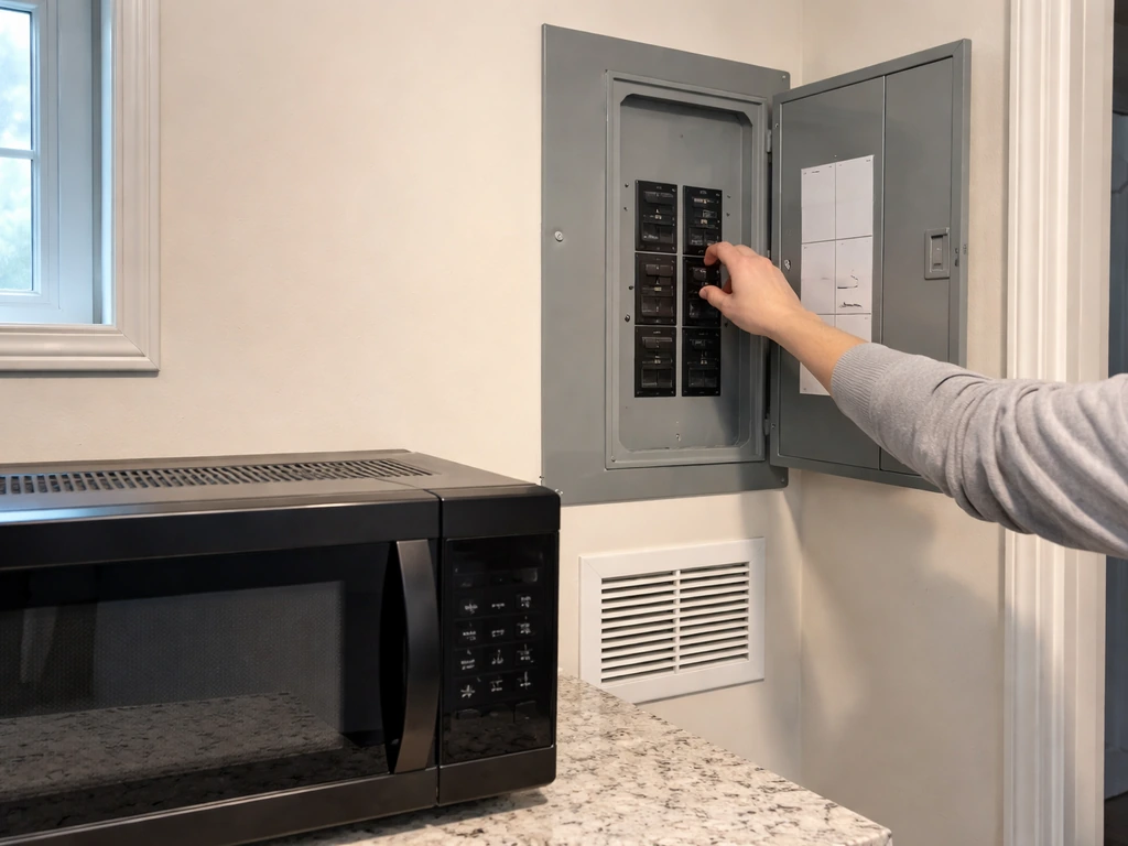 Hand at an open breaker panel next to an unlit microwave and vent grille, showing power turned off.