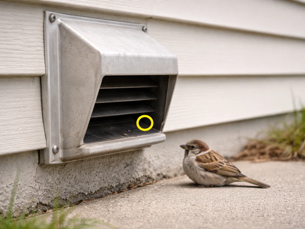 Small bird perched by an exterior vent hood opening on a house side, minimal outdoor view.
