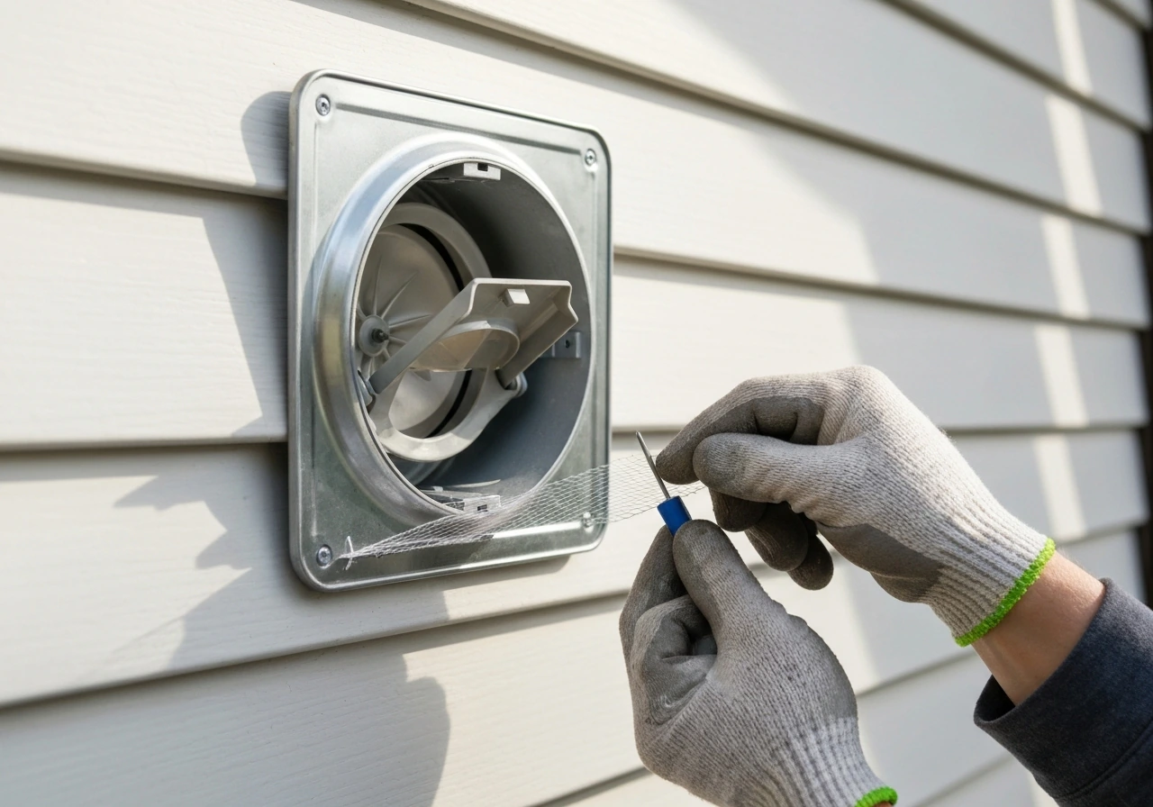 Technician inspecting a microwave exterior vent cap with damper flap open and fitting a mesh guard