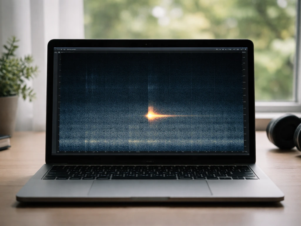 Laptop showing an audio editor spectrogram with isolated bird-chirp energy for editing.