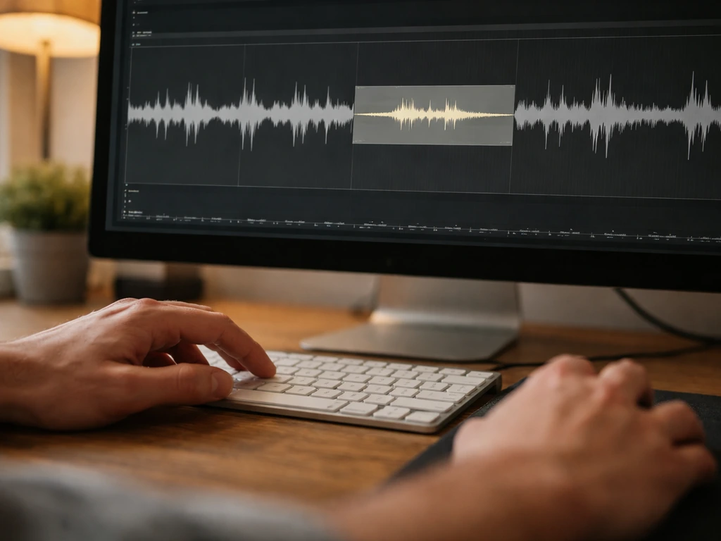 Hands on a laptop showing a zoomed audio waveform with a muted chirp burst segment.