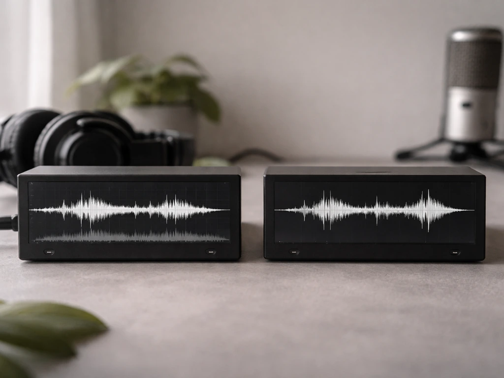 Minimal desk scene showing two side-by-side audio wave displays before/after high-pass filtering bird calls.