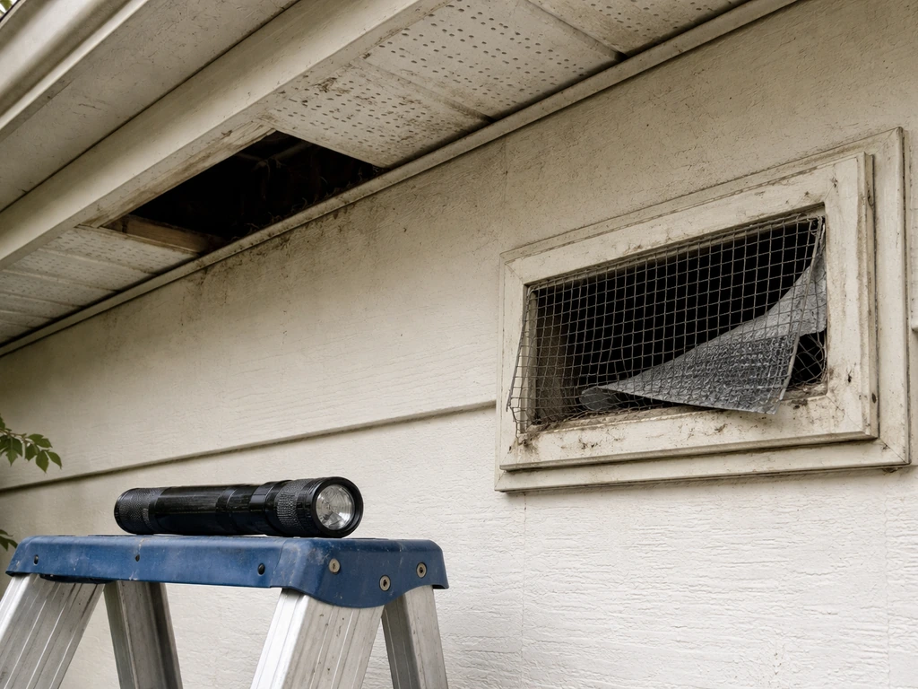 Close view of building eaves and an HVAC/soffit gap where birds could enter.