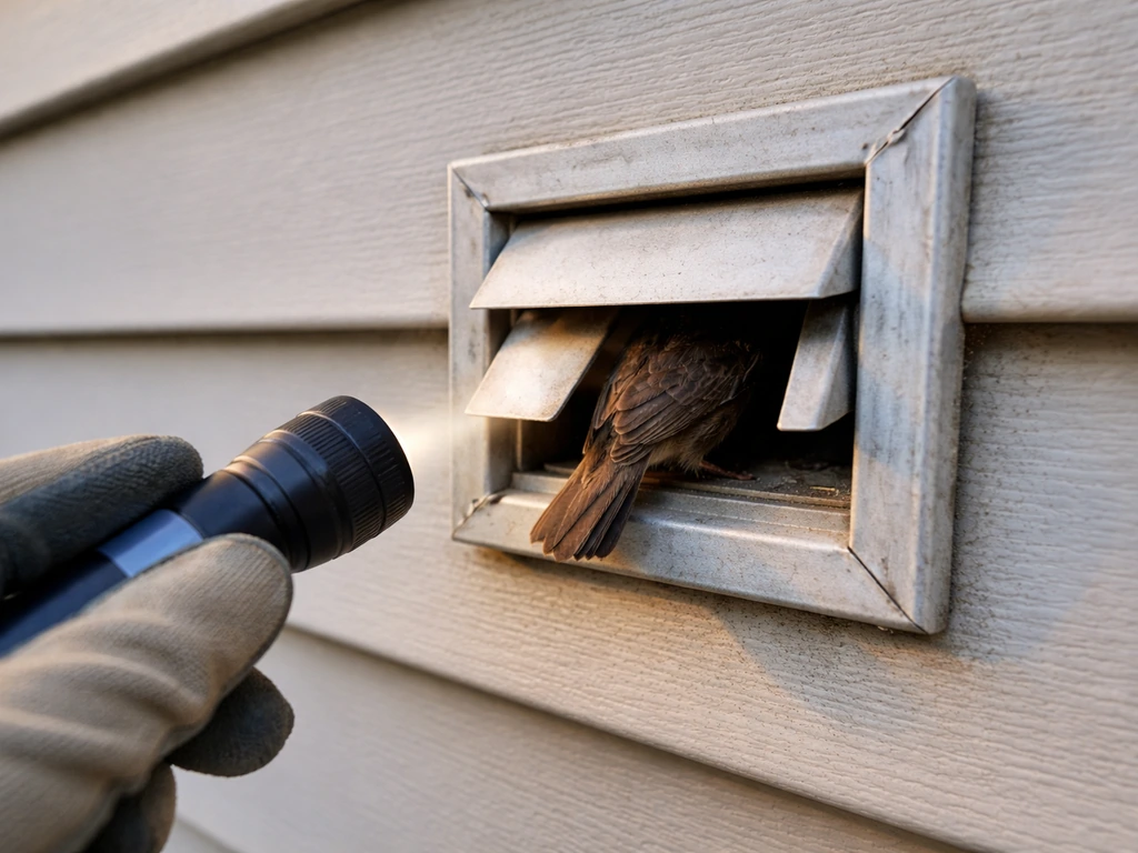 Close-up of a dryer vent hood with a bird visible at the opening and a gloved hand nearby.