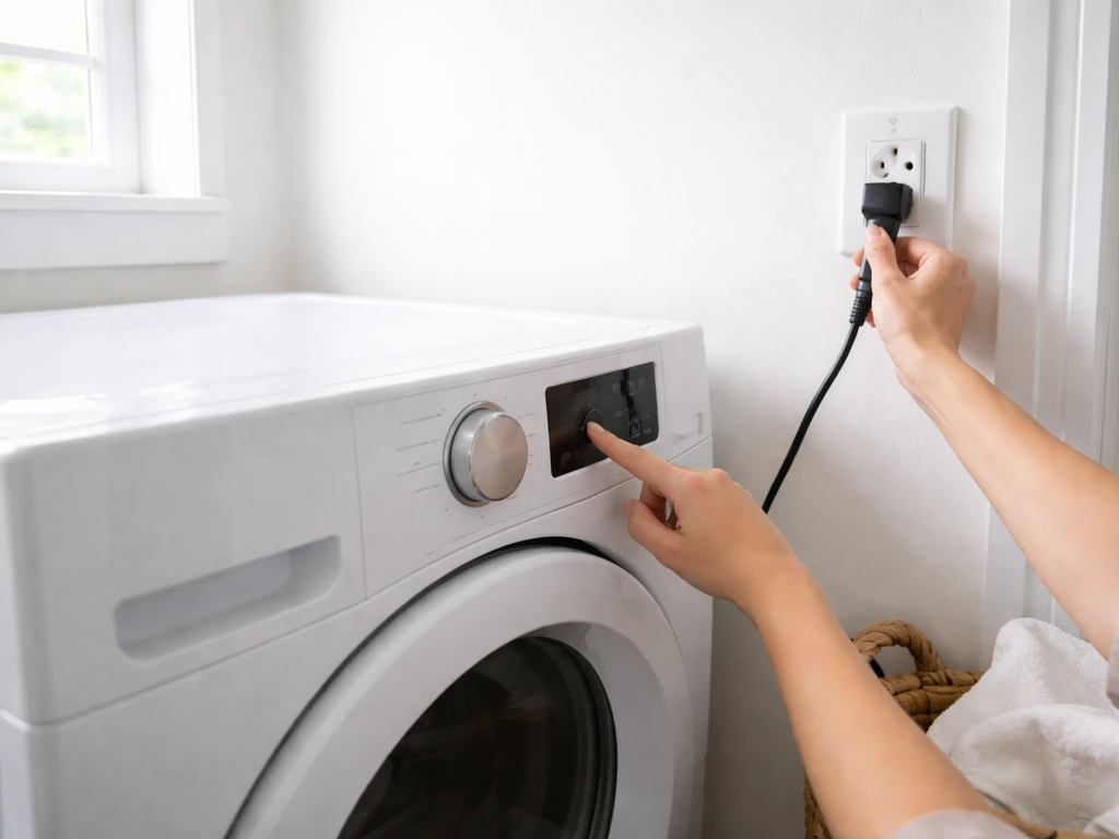 Person switching off and unplugging a running clothes dryer in a quiet laundry room.